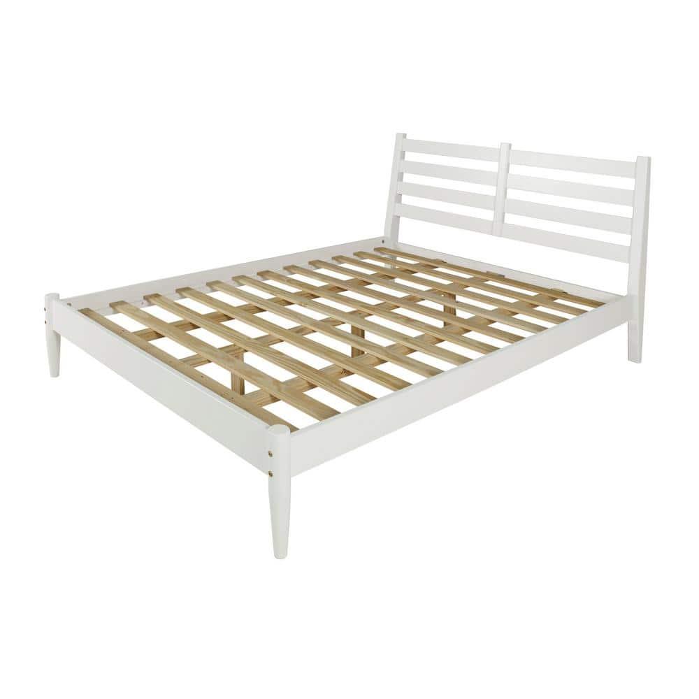 Camaflexi Mid Century Slat Bed Solid Wood Bed Frame with Headboard, King, White