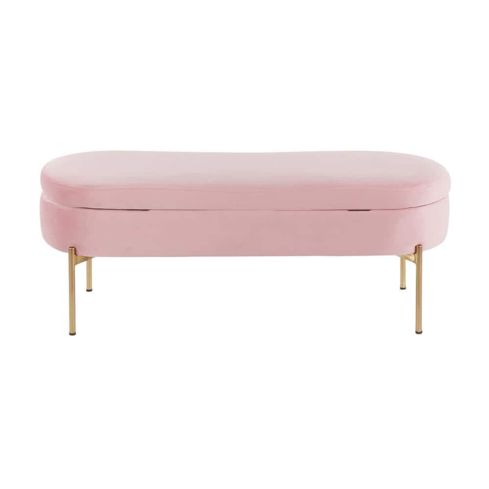 48" Chloe Contemporary Upholstered Storage Bench Gold/Blush Pink - LumiSource: Velvet, Flip-Top Lid, Metal Base