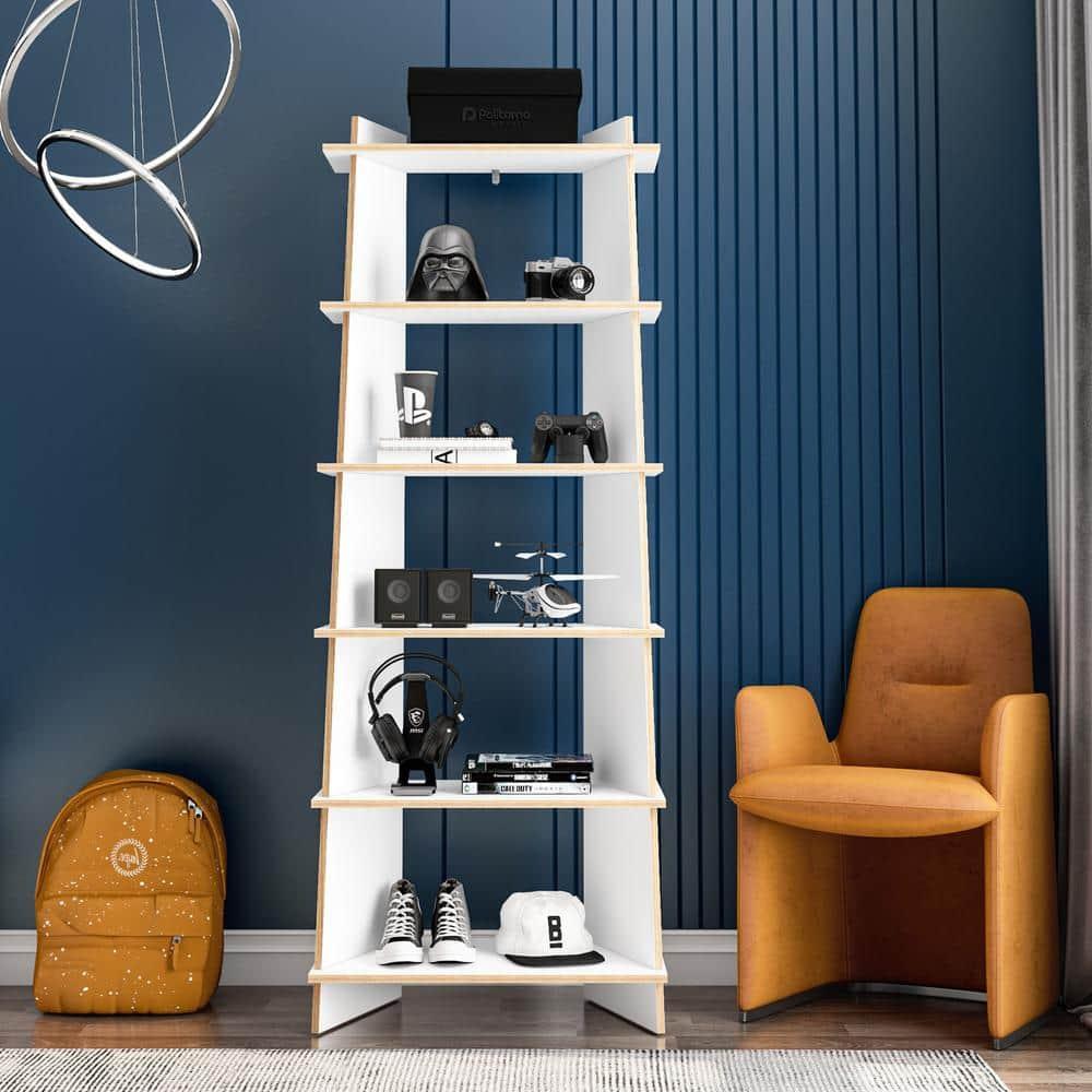 Polifurniture 69.65" Ecofriendly Jade 5 Shelf Bookcase White/Light Brown: MDF Ladder Bookshelves, 52.82 lbs
