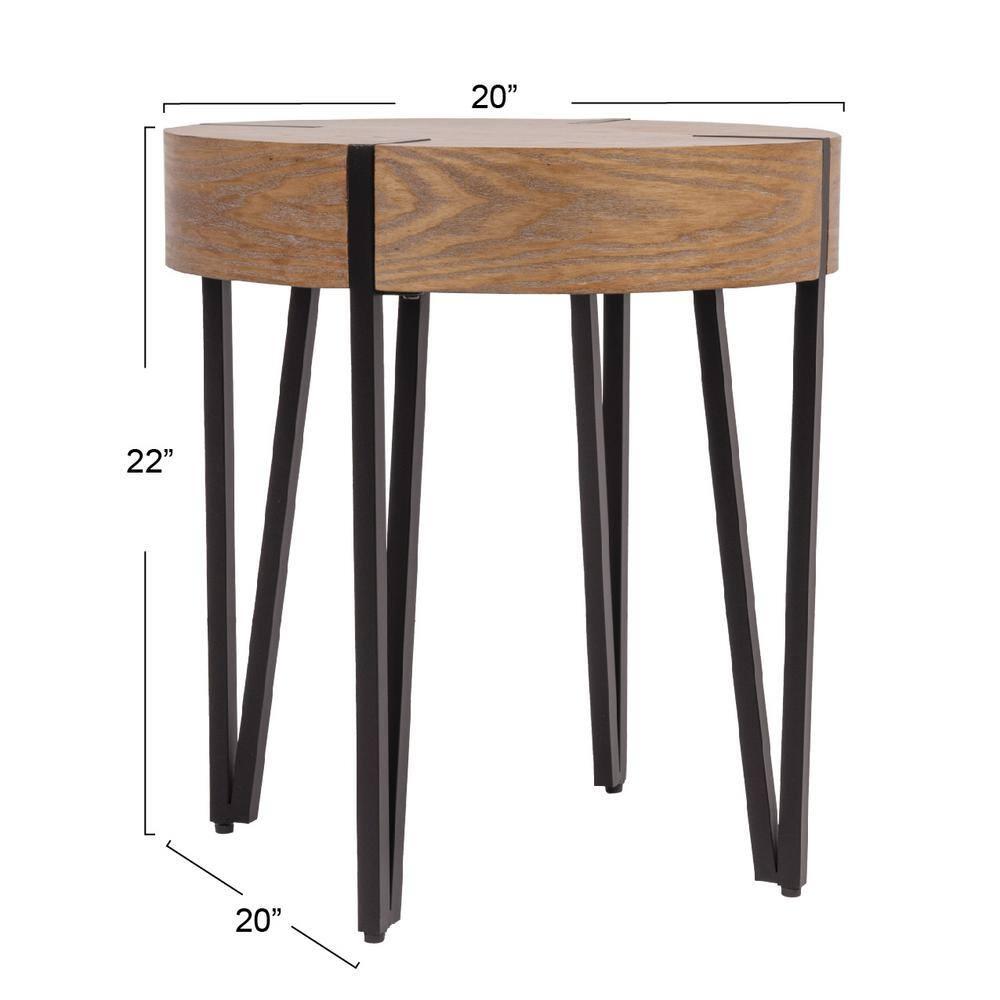 Storied Home Astoria Wood End Accent Table Natural/Black: Iron Hairpin Legs, Pacific Northwest Inspired, Round Shape
