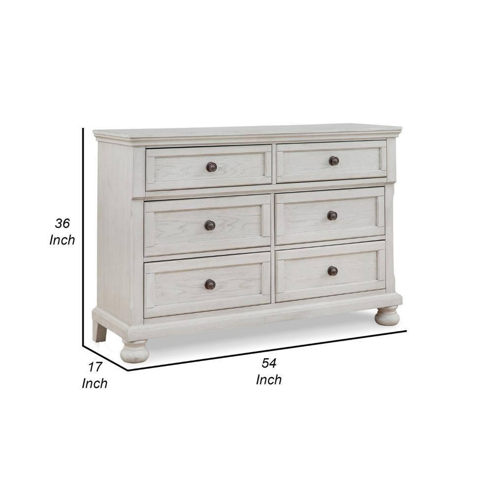 Lea 54 Inch Wide Dresser Chest, 6 Gliding Drawers, Wooden Bun Feet, White