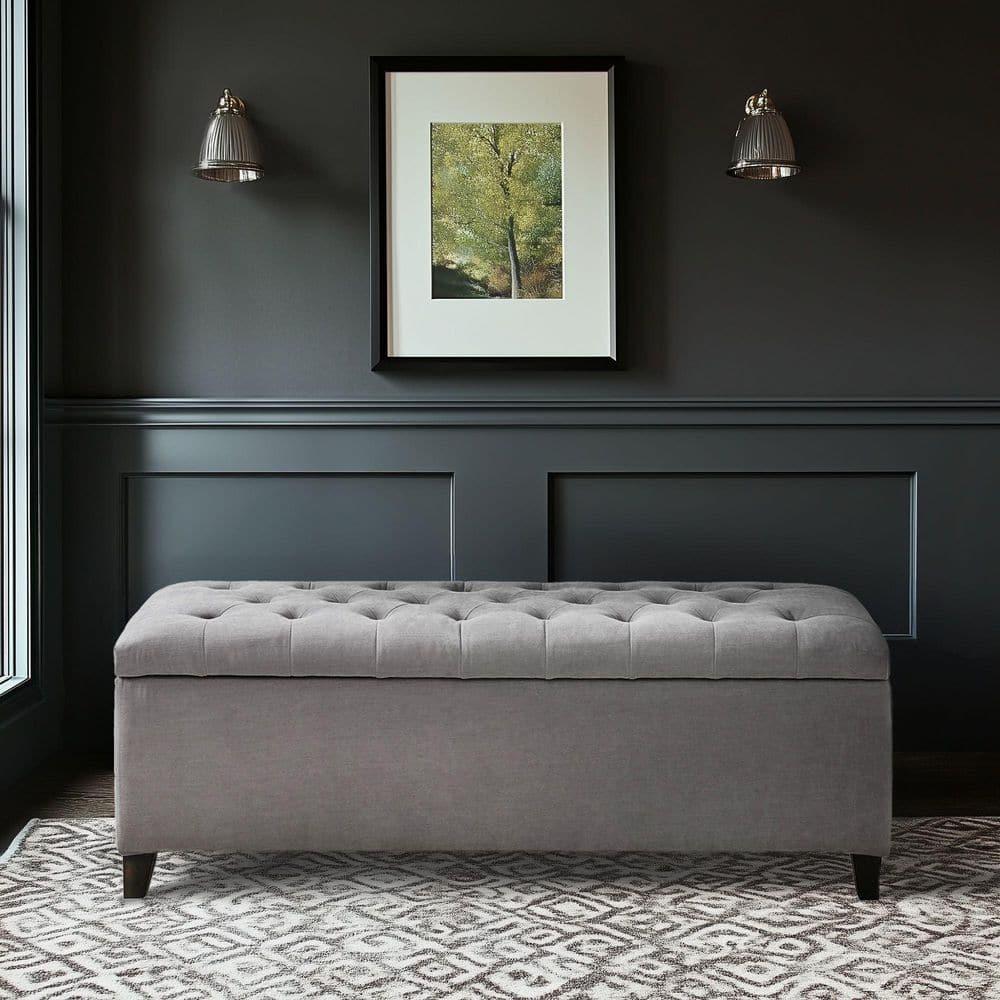 Selah Tufted Top Storage Bench - Gray: Upholstered Ottoman with Wood Legs, Polyester, Spot Clean