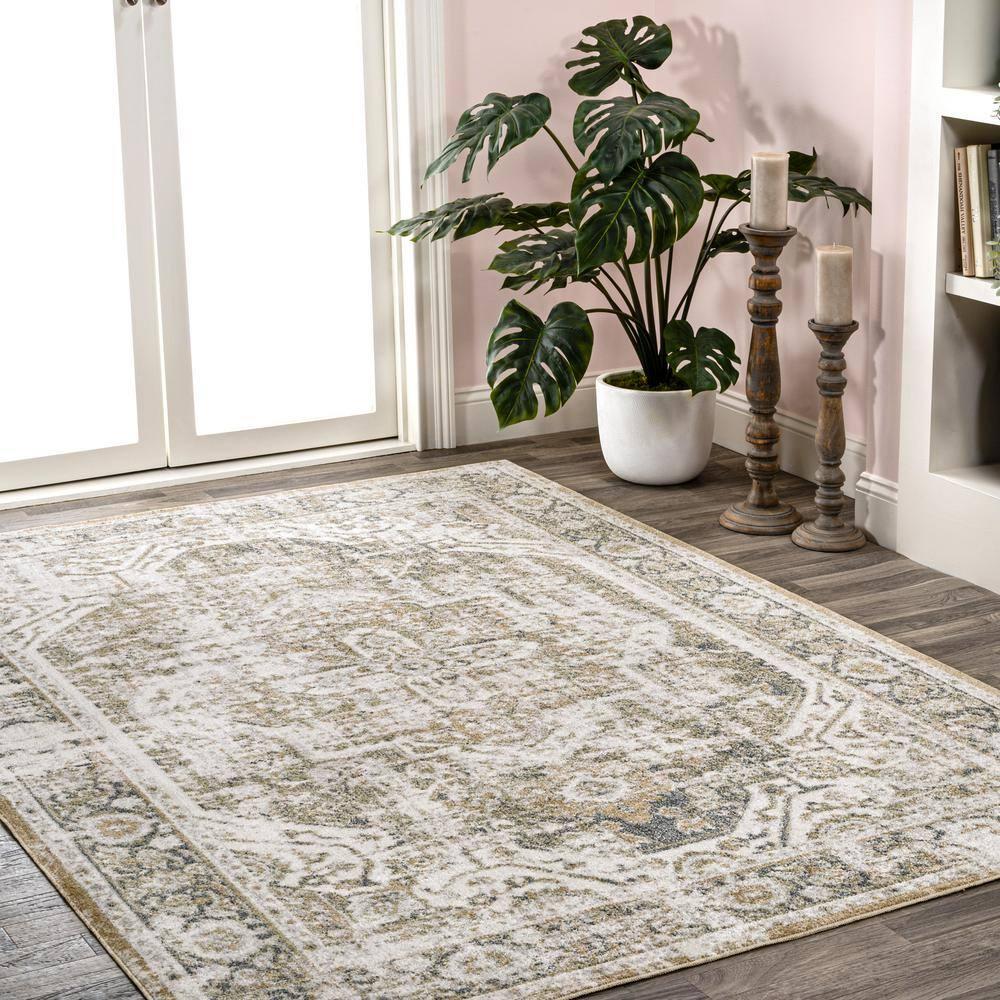 JONATHAN Y Keesha Bold Distressed Medallion Low-Pile Machine-Washable Green/Cream 5 ft. x 8 ft. Area Rug