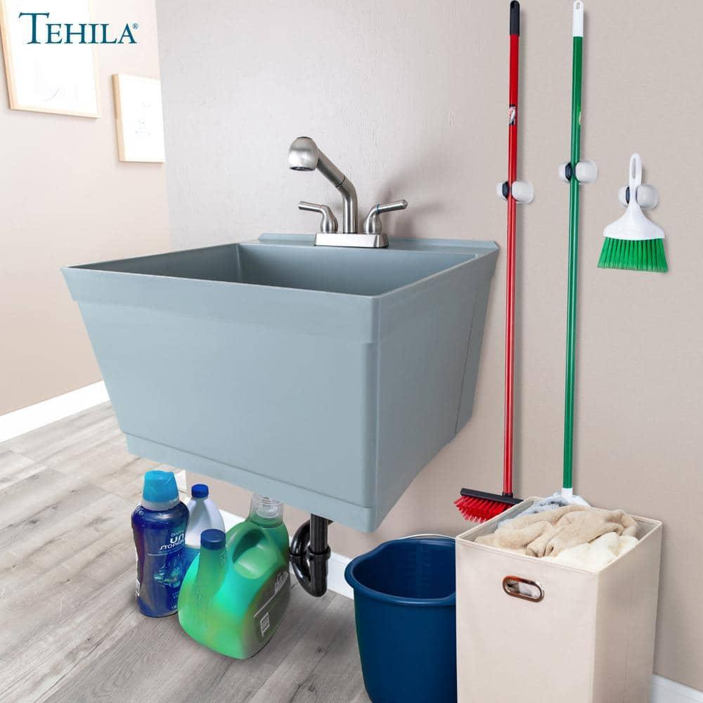 Tehila Wall Mounted Gray Utility Sink with Stainless Finish Pull-out Faucet