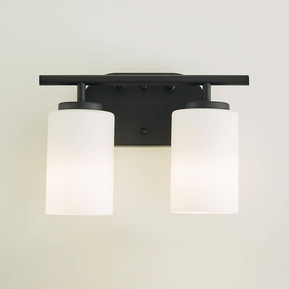 Oslo 12.5 in. 2-Light Midnight Black Transitional Contemporary Bathroom Vanity Light with Cased Opal Etched Glass Shades
