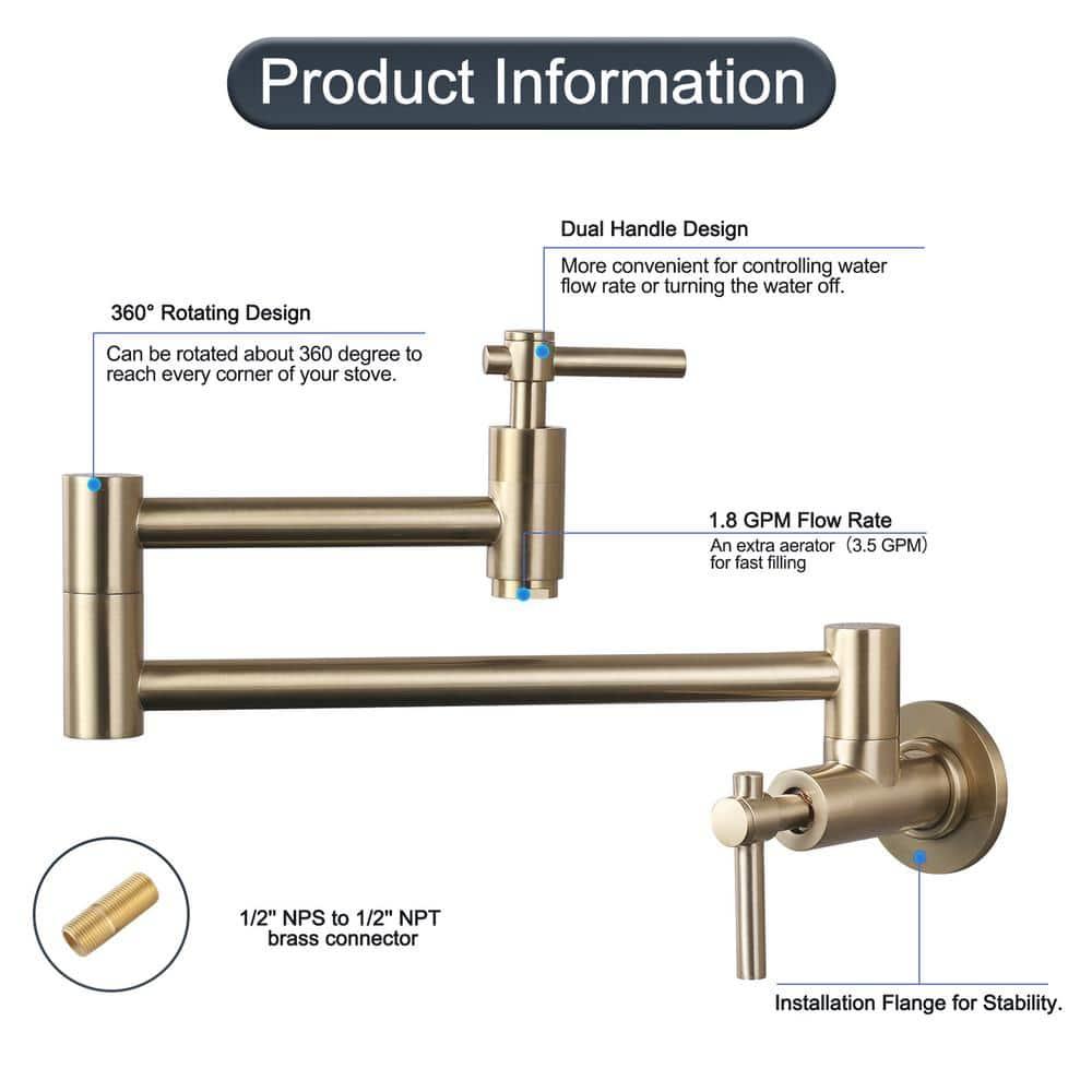 Wall Mount Pot Filler, Gold Brass Pot Filler Faucet with 2 Handles, Single Hole Stretchable Faucet with Double Joint Swing Arm Pot Filler above Stove