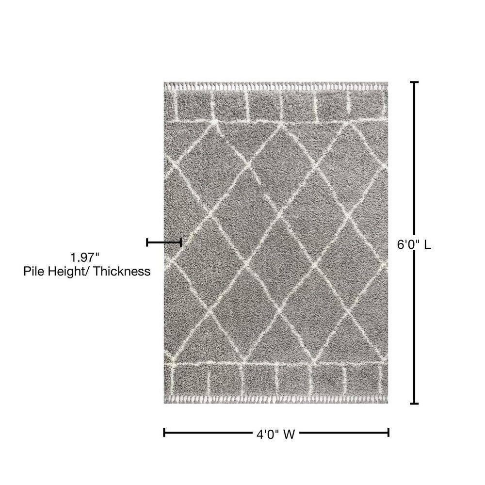 4'x6' Mercer Shag Plush Tassel Moroccan Geometric Trellis Area Rug, Grey/Cream - JONATHAN Y