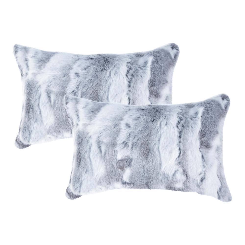 Set of 2 Gray Rabbit Fur Throw Pillow Covers with Soft Poly Inserts