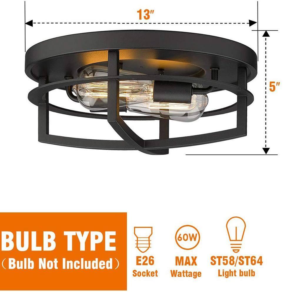 Ceiling Light Fixture,2-Light Farmhouse Flush Mount Ceiling Light for Hallway Foyer Bedroom,13 inch Black Finish,4FW01-F BK
