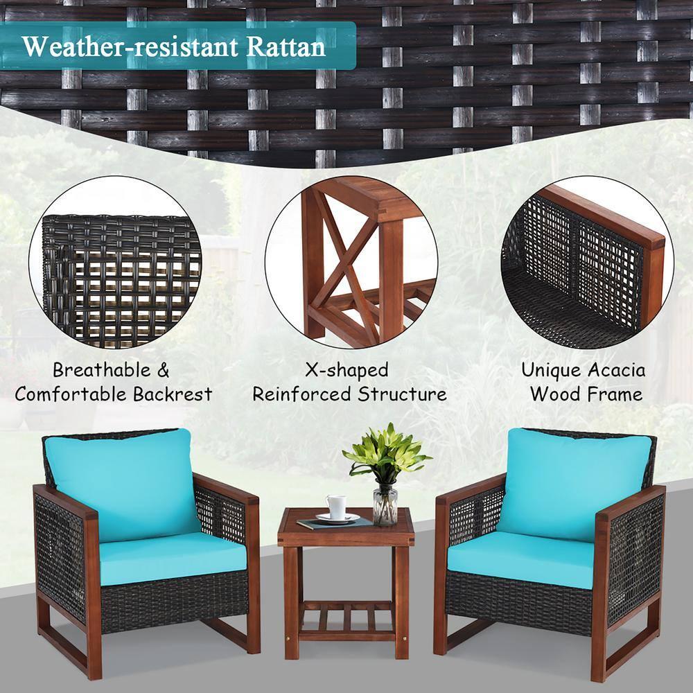 Patiojoy 3PCS Patio Rattan Bistro Set Acacia Wood Frame Sofa and Side Table Turquoise Cushions