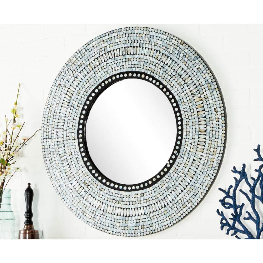 Olivia & May Wood Handmade Mosaic Wall Mirror Silver : Nautical Coastal Decor, 31.5" Round, No Assembly Required
