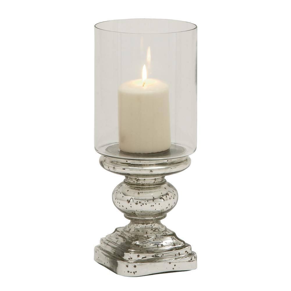 DecMode Silver Glass Handmade Turned Style Pillar Hurricane Lamp with Faux Mercury Glass Finish