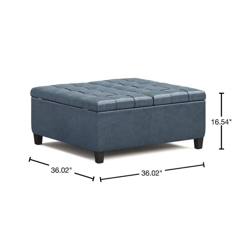 Simpli Home Harrison 36"W Upholstered Square Coffee Table Storage Ottoman with Split Lift Top