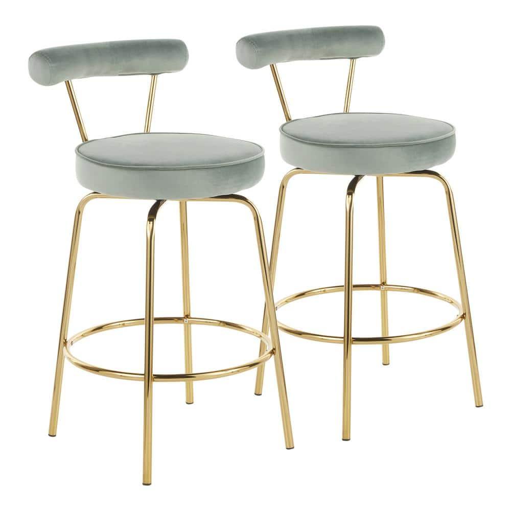 LumiSource Set of 2 Rhonda Glam Counter Height Barstools Sage Green Velvet: Upholstered Swivel, Metal Legs, Spot Clean