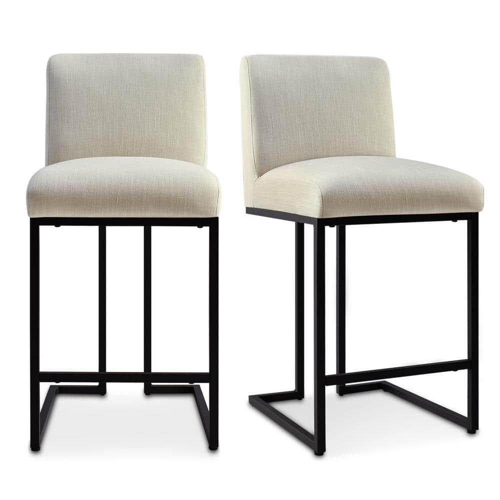 Set of 2 Upholstered Counter Height Bar Stools, 25" Armless Fabric Seat with Black Metal Sled Legs for Kitchen Island & Home Bar-Maison Boucle