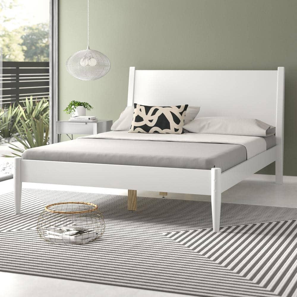 Camaflexi Mid Century Platform Bed Wood Panel Bed Frame with Headboard, Queen, White