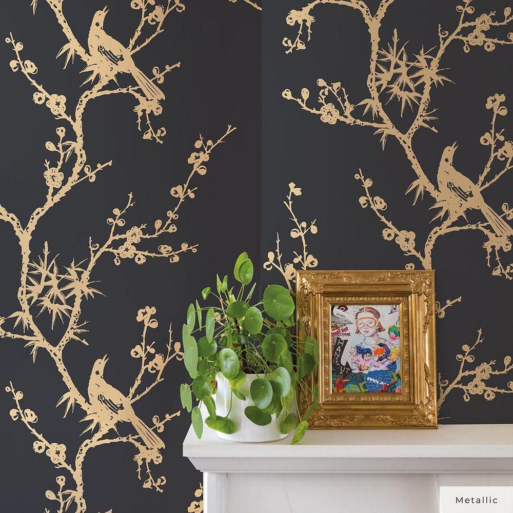 Tempaper & Co.® x Cynthia Rowley Bird Watching Removable Peel and Stick Wallpaper, Black and Gold, 56 sq ft: Vinyl, Self-Adhesive