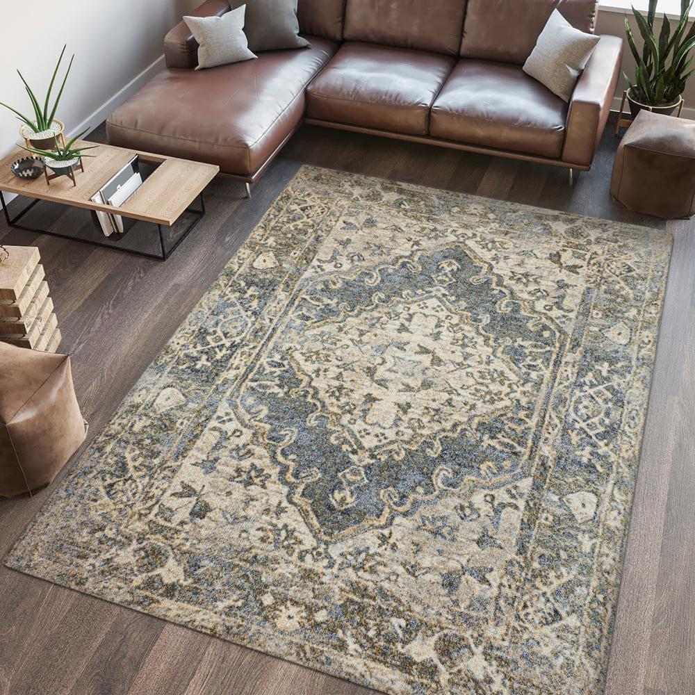 JONATHAN Y Pavel Distressed Medallion Low-Pile Machine-Washable Blue/Cream 5 ft. x 8 ft. Area Rug