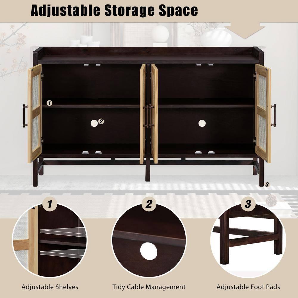 Natural Walnut Wood 60 in. Sideboard with Decorative Rattan Doors and Adjustable Shelves