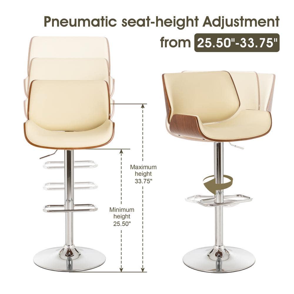 Glitzhome Set of 2 Leatherette Adjustable Height Swivel Bar Stools Chrome Plated Base Beige : Upholstered, Steel Legs, Rectangle Shape