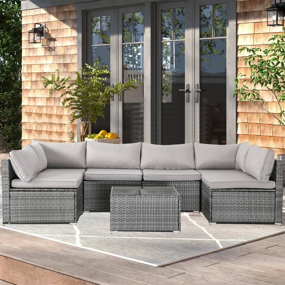 Valita 7 Piece Outdoor PE Wicker Furniture Set, Patio Gray Rattan Sectional Sofa Couch with Washable Grey Cushions