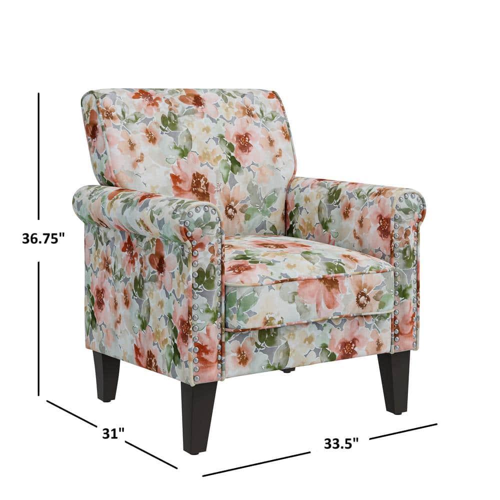 Handy Living Janet Traditional Rolled Accent Armchair with Pewter Nailheads Floral Pattern Orange/Green
