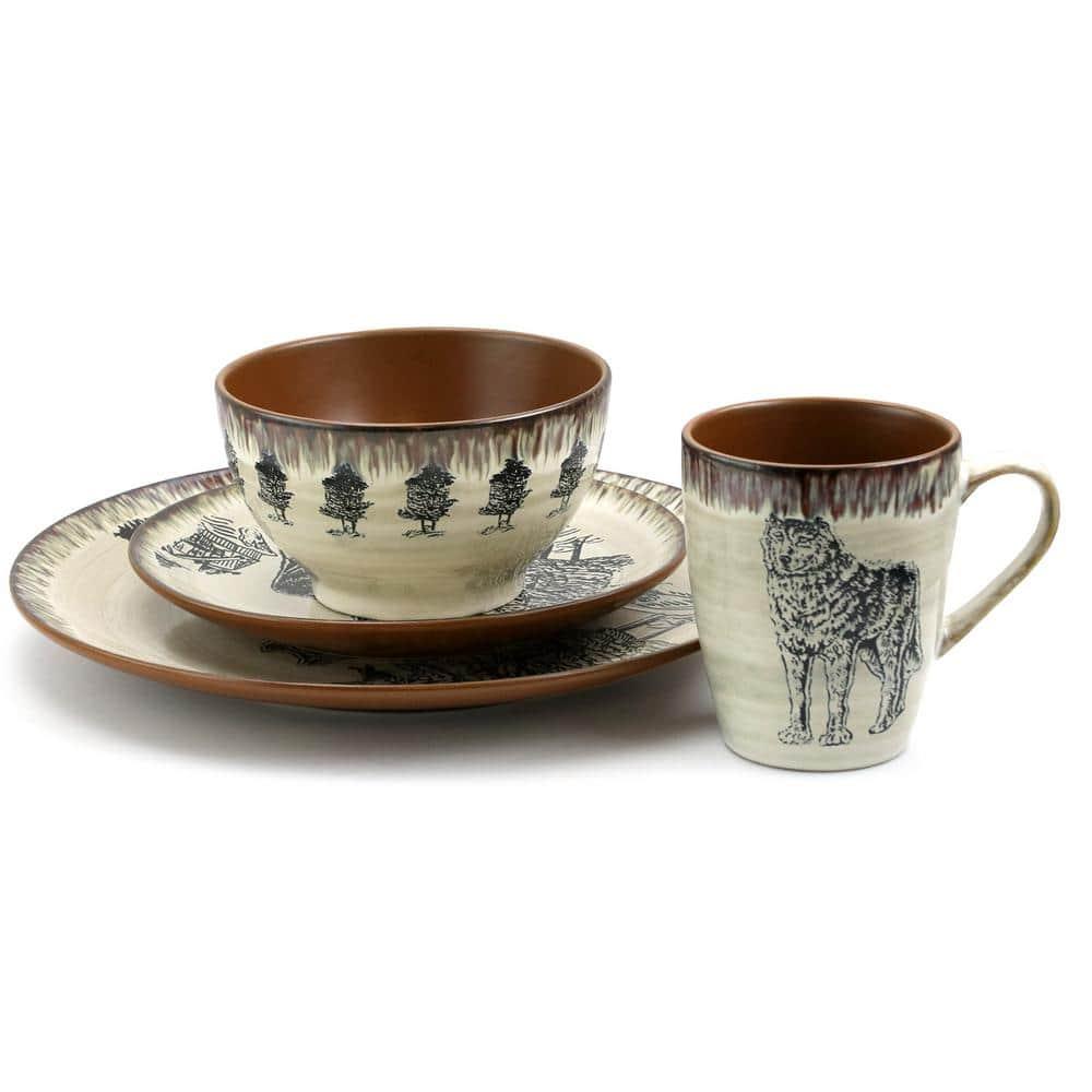 Elama Majestic Wolf 16 Piece Round Stoneware Dinnerware Set in Taupe