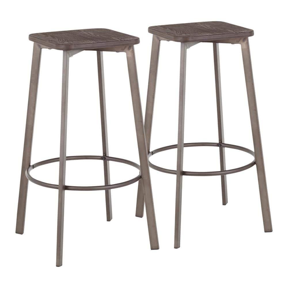 17 Stories Square Barstool In Vintage Metal And Espresso Wood-Pressed Grain Bamboo By Lumisource - Set Of 2