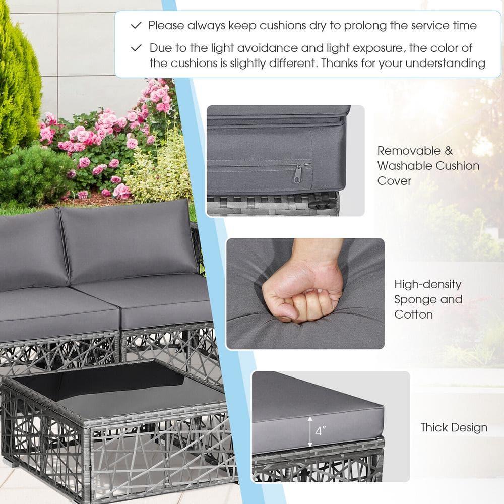 Costway 5 Pieces Patio PE Rattan Wicker Sofa Furniture Set Cushioned  Outdoor Grey