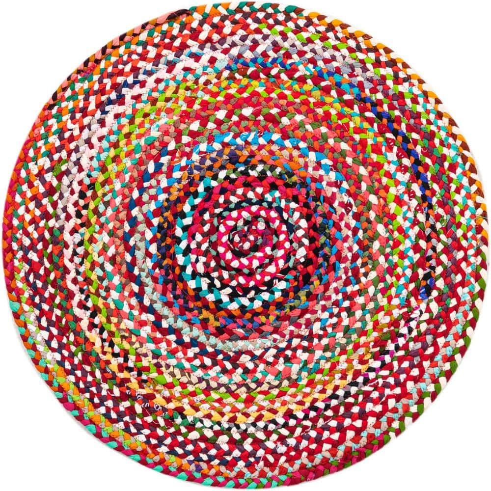 Unique Loom Braided Chindi Collection Area Rug - Layer (3' 3" Round Multi/Blue)