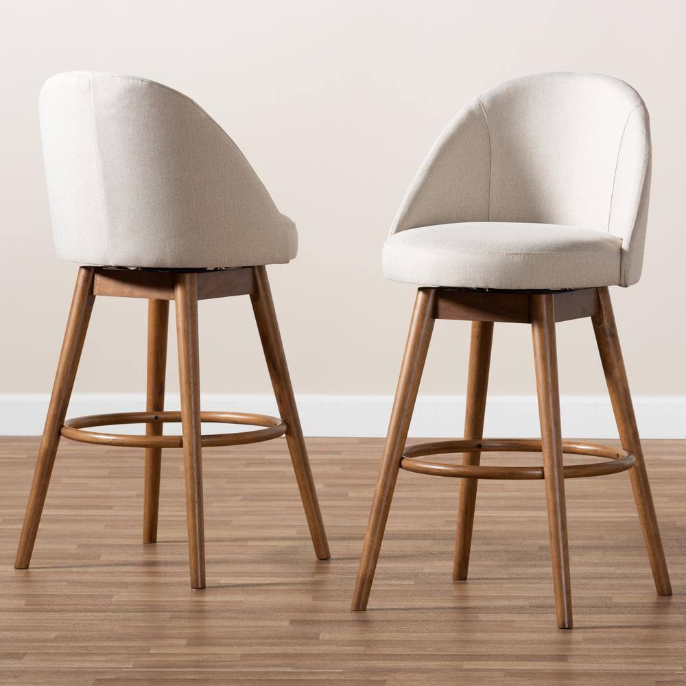 Baxton Studio Carra Mid-Century Modern Light Beige Fabric Upholstered Walnut-Finished Wood Swivel Bar Stool Set of 2