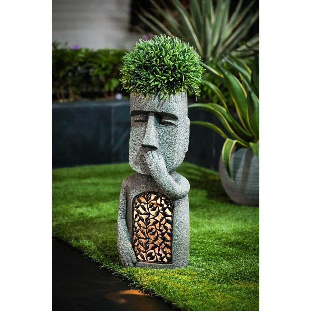 LuxenHome Gray MgO Set of 3 Garden Easter Island Solar Statues