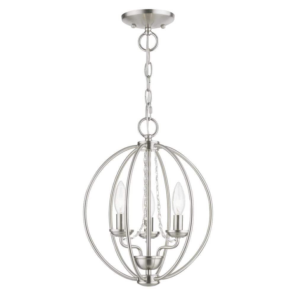Delridge 12 in.  3-Light Brushed Nickel Globe Convertible Chandelier/Semi Flush with Clear Crystals