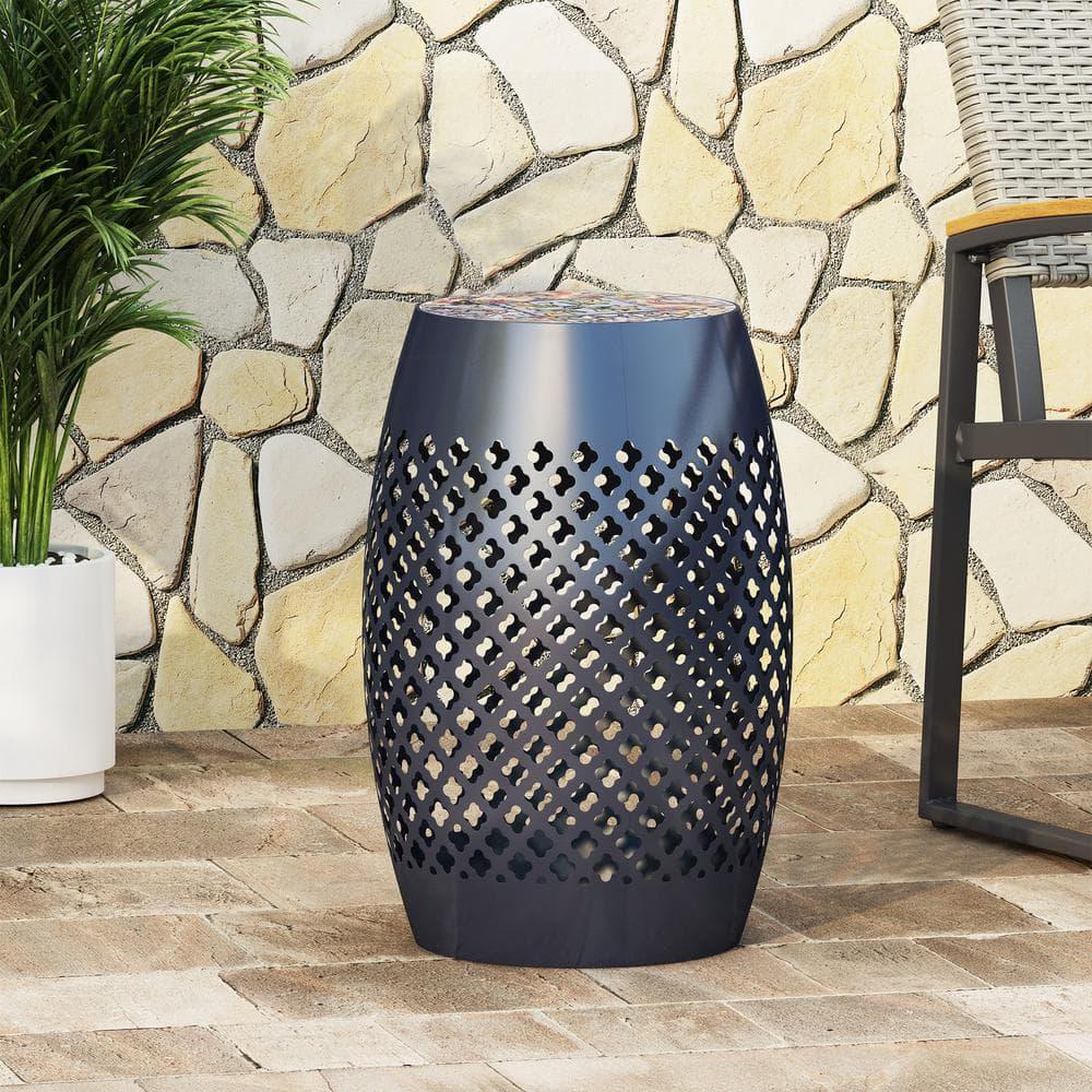GDF Studio Kalyse Outdoor Lace Cut Side Table with Tile Top, Dark Blue and Multicolored