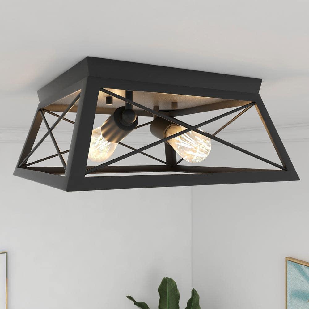 Progress Lighting, Briarwood, 2-Light Flush Mount, Textured Black, Faux-Painted Wood Enclosure