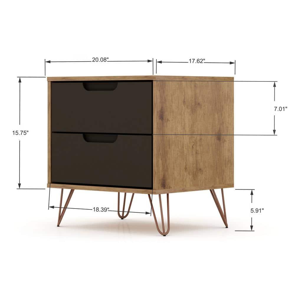 Set of 2 Rockefeller 2 Drawer Nightstands Nature/Textured Gray - Manhattan Comfort: Modern Splayed Metal Legs, MDF
