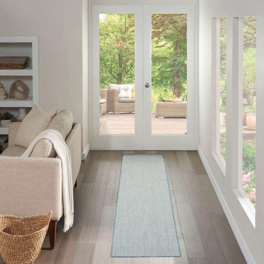 Nourison 2'2" x 8' Courtyard Modern Easy Care Flatweave Indoor Outdoor Runner Rug Ivory/Aqua
