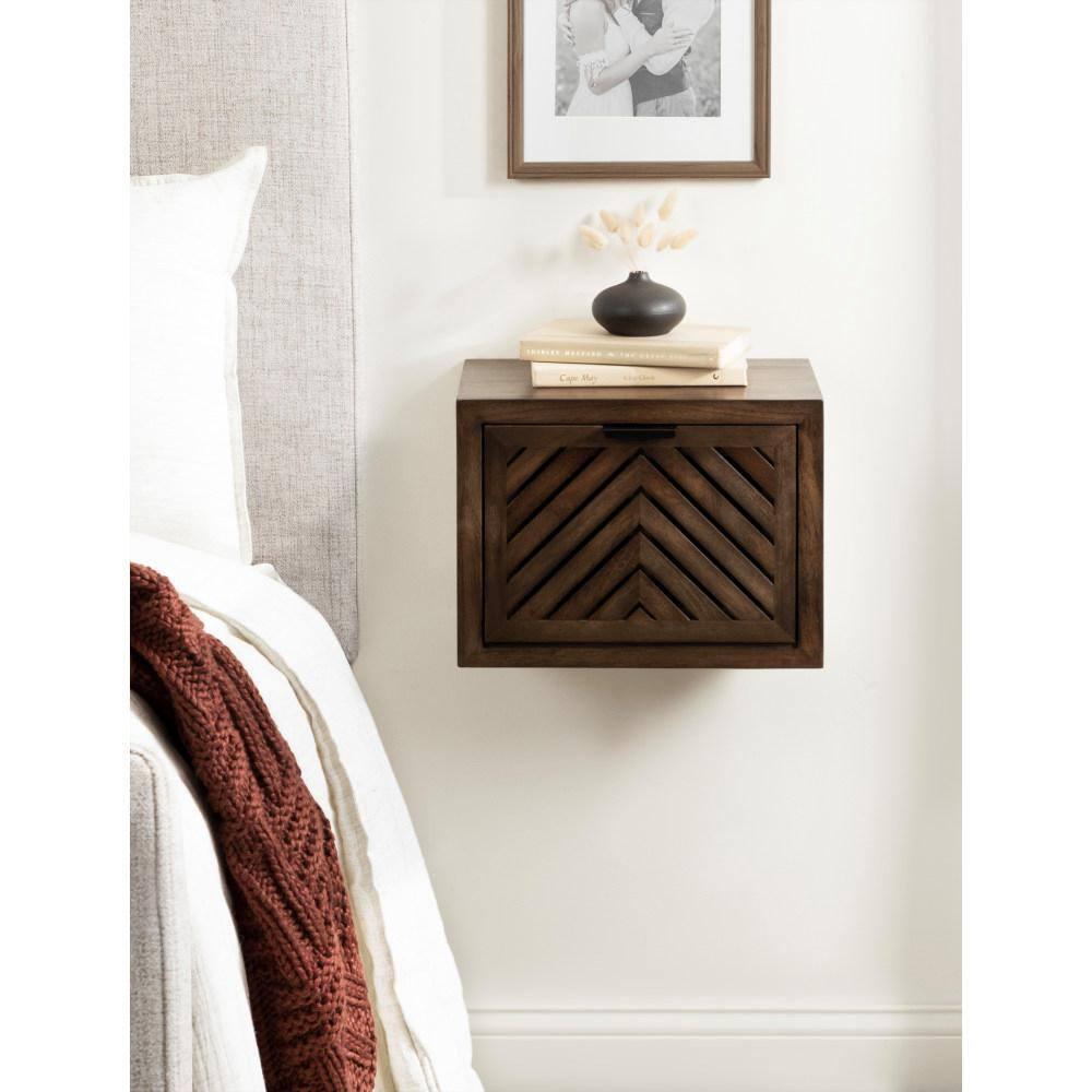 Kate and Laurel Mezzeta Modern Floating Shelf Side Table with Storage Cubby, 16 x 10 x 12, Natural Wood, Decorative Slatted Wood Floating Nightstand with Pull Down Door for Use as Bathroom Storage