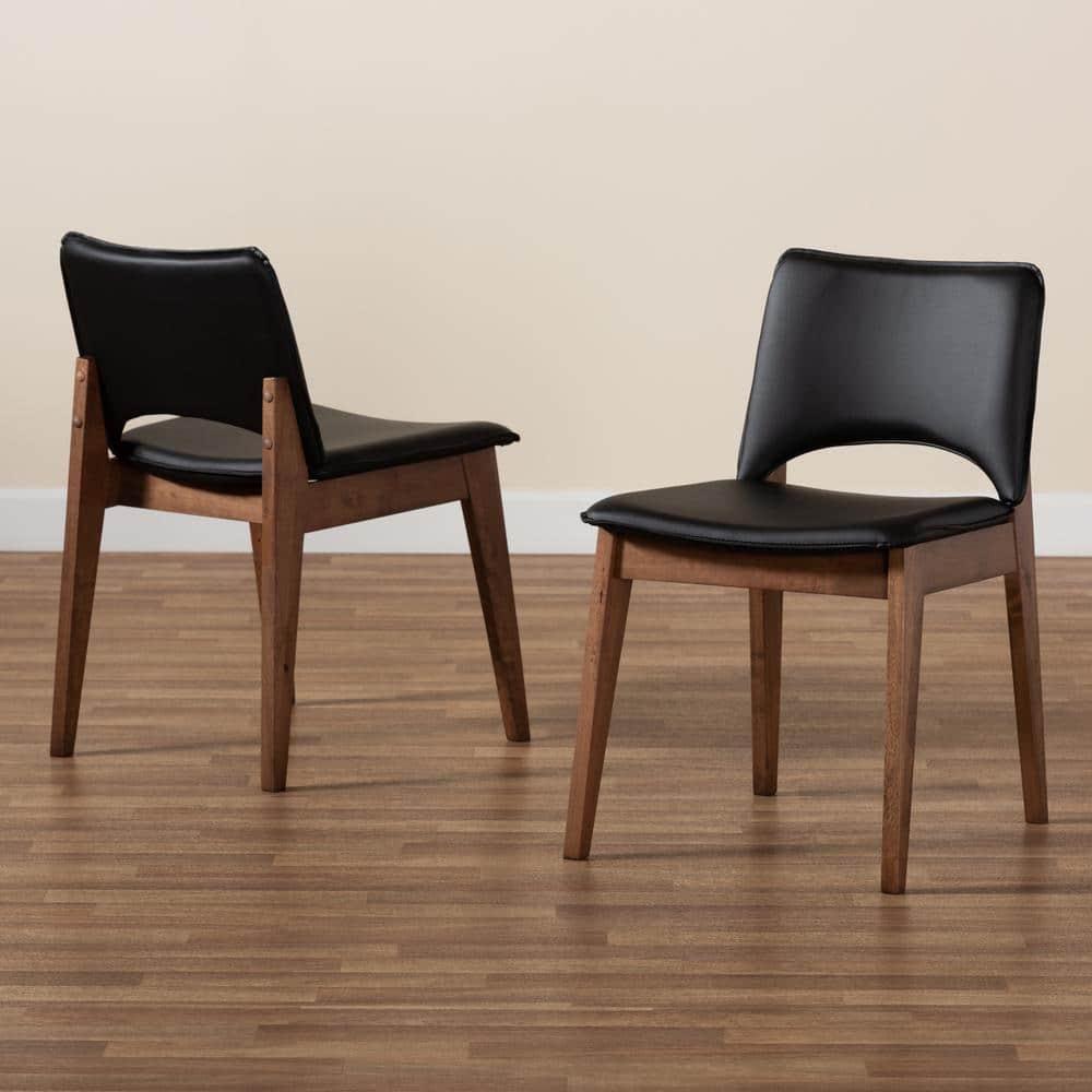 2pc Afton Faux Leather Upholstered and Wood Dining Chair Set Black/Walnut Brown - Baxton Studio