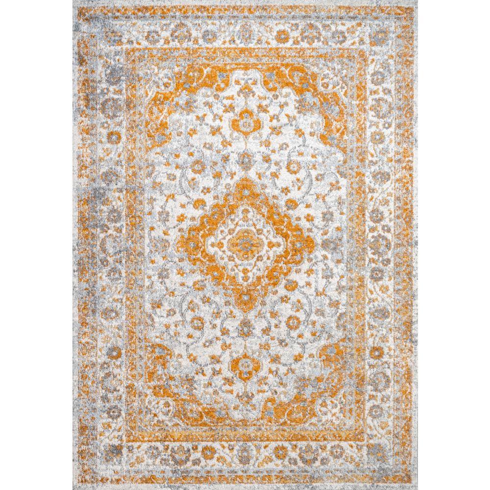 9'x12' Indhira Ornate Medallion Persian Area Rug, Orange/Cream - JONATHAN Y