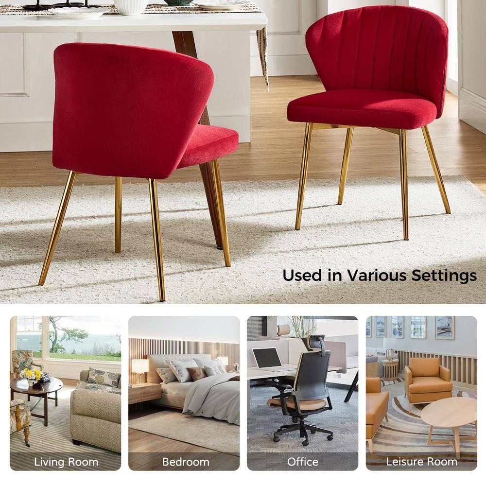 Velvet Upholstery Comfy Dining Chair Accent Channel Tufted Metal Legs Home Living Room Bedroom Kitchen Red