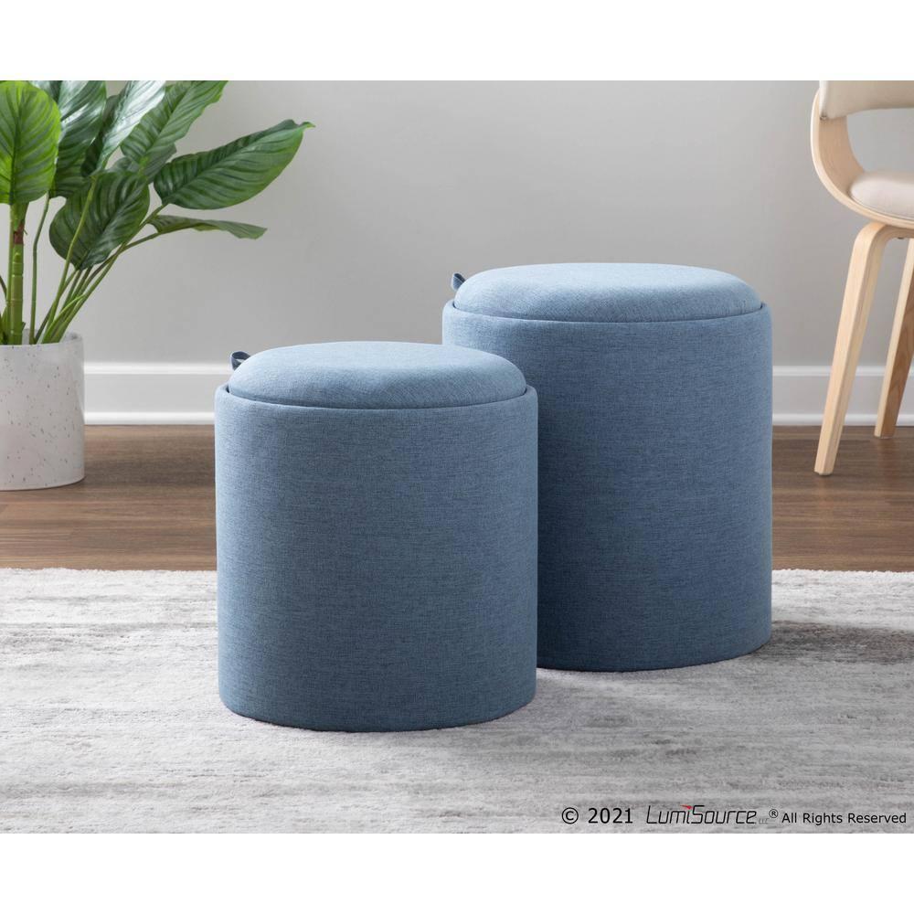 Tray Polyester Wood Contemporary Nesting Ottoman Set Blue/Natural - LumiSource: 2-Piece, Storage Compartment, No Assembly Required