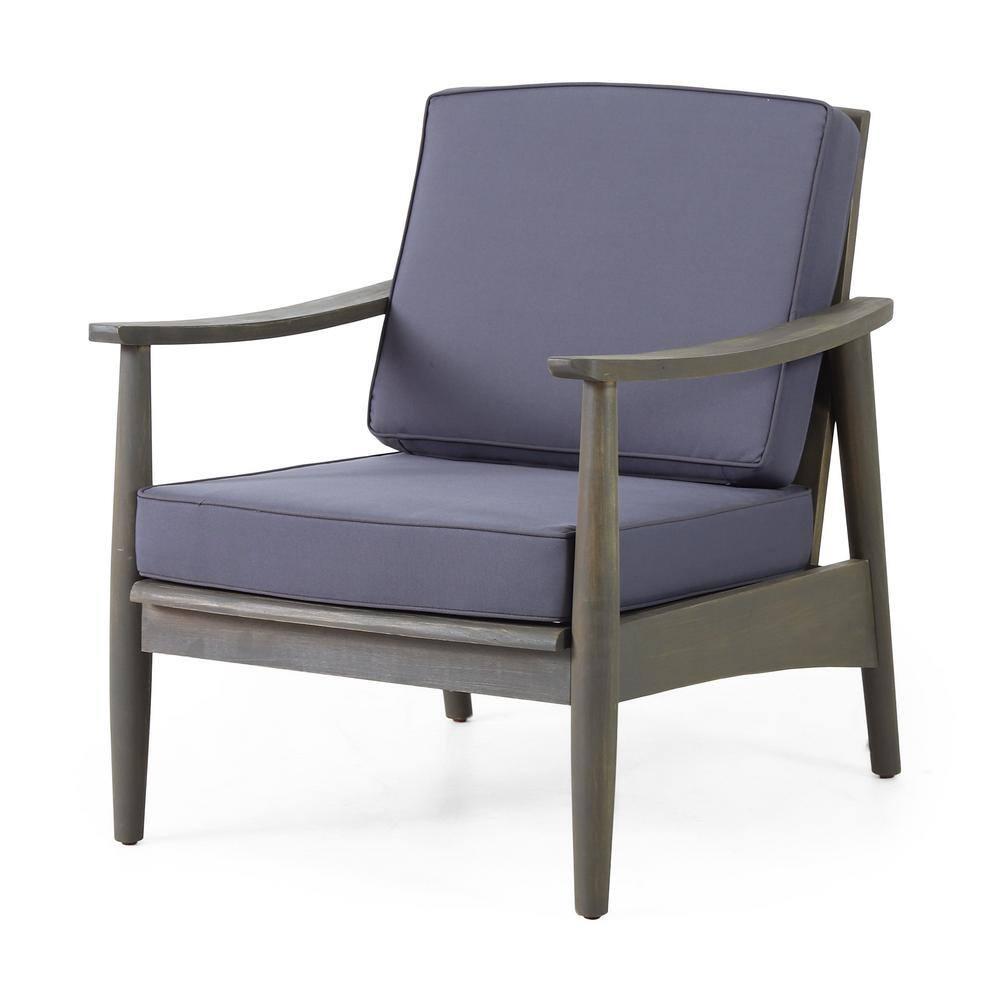 Greta Acacia Wood Outdoor Club Chair with Dark Gray Cushion, Set of 2, Black