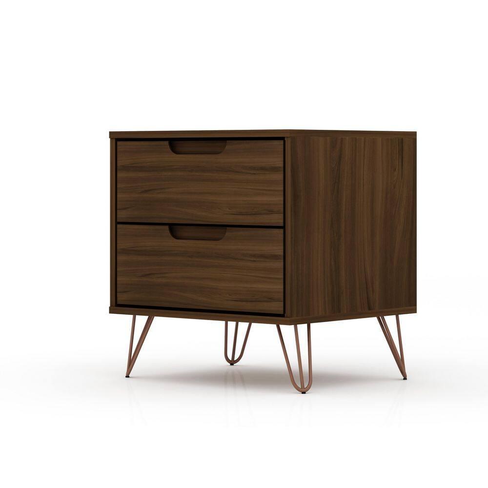 2.0 Rockefeller Nightstand Brown - Manhattan Comfort: Modern Bedside Table with Metal Legs & Storage