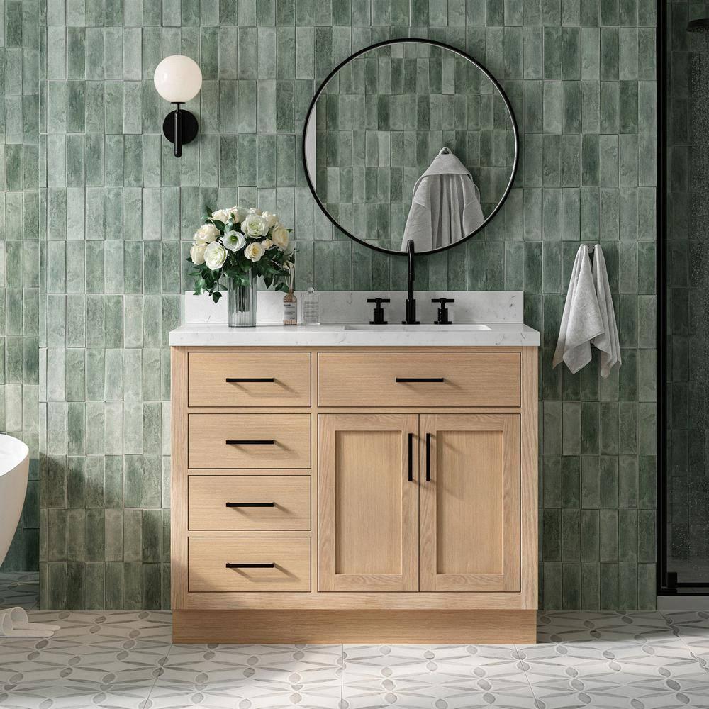 Wildon Home® Tidworth 42'' Solid Wood Single Bathroom Vanity with 1.5'' Carrara Quartz Top, Right Offset Rectangular Sink