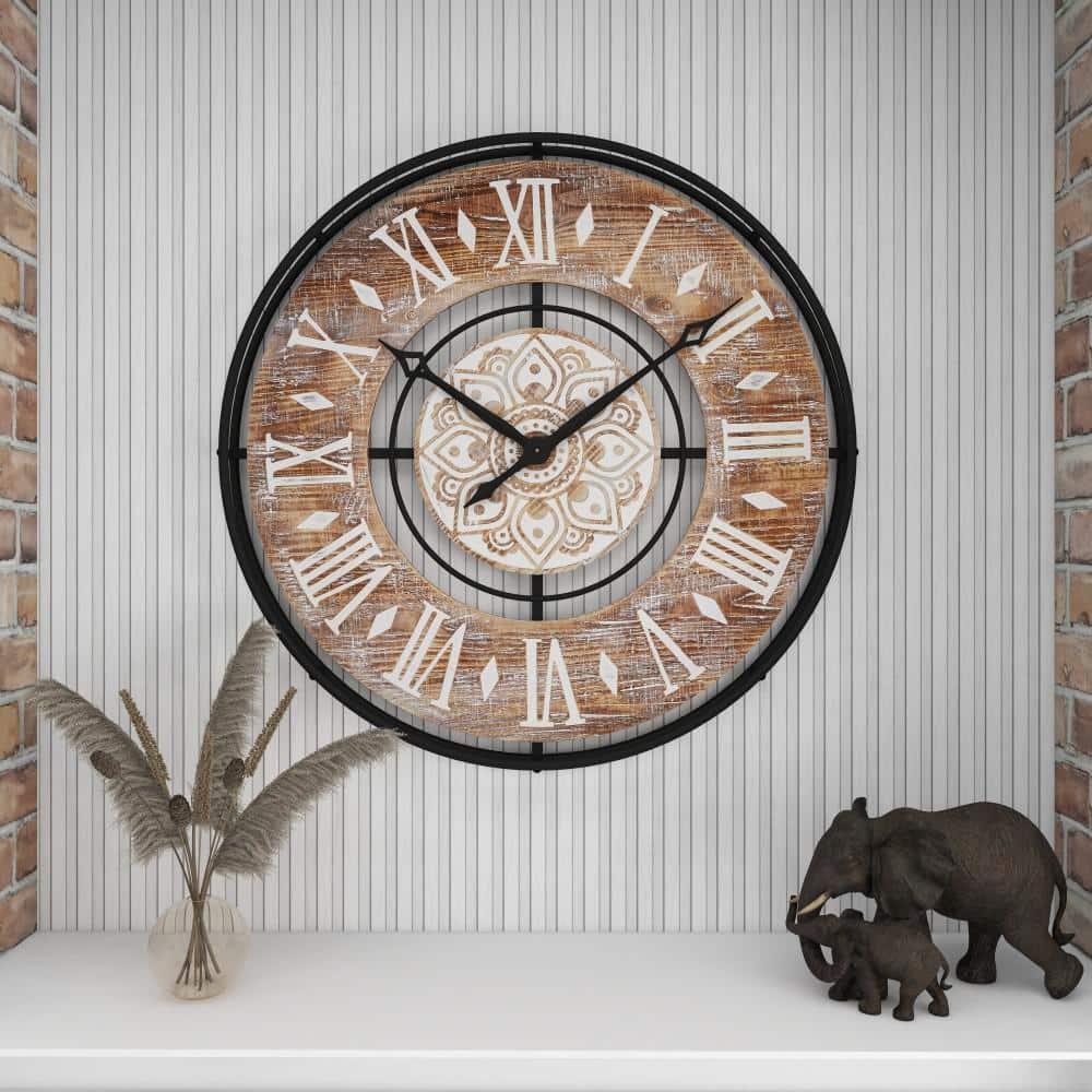 DecMode 34" Brown Metal Floral Wall Clock with Wood Accents