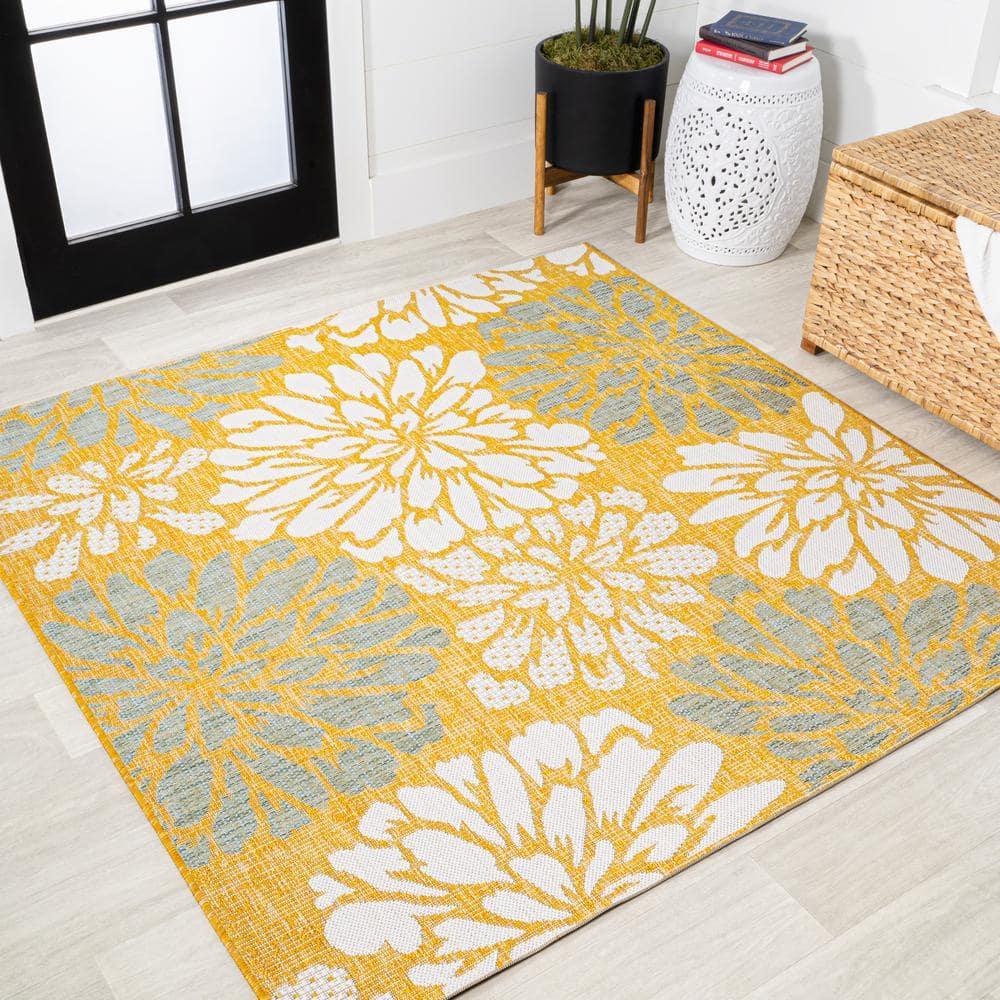 5' x 5' Zinnia Modern Floral Textured Weave Indoor/Outdoor Area Rug, Yellow/Cream - JONATHAN Y