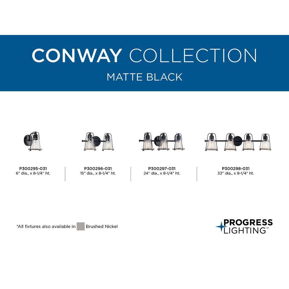 Progress Lighting Conway 3-Light Bath Vanity Light, Steel, Matte Black, Clear Seeded Glass Shade