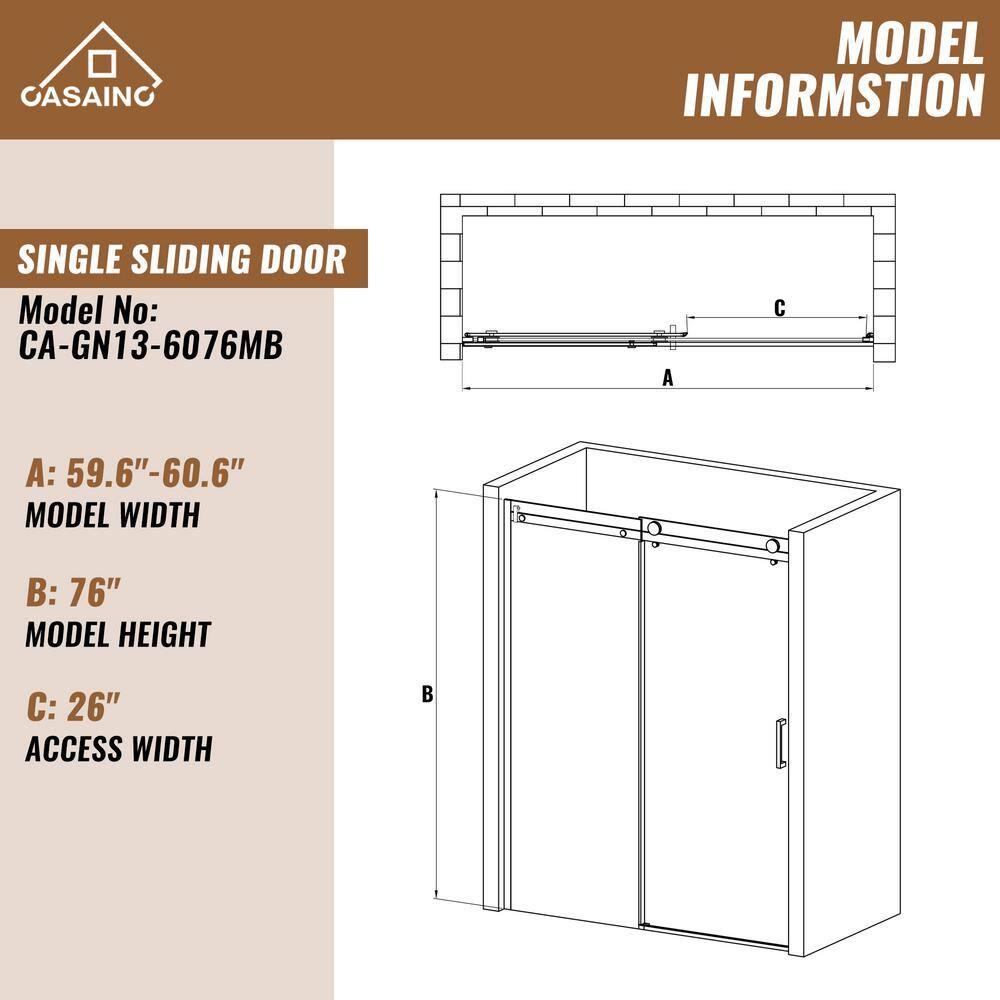 60" W x 76" H Framed Shower Door Single Sliding 10MM Tempered Glass 304 Stainless Steel Accessories