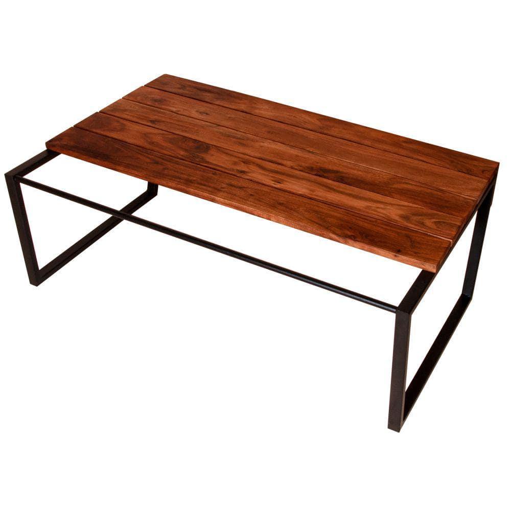 The Urban Port 41.7 Inch Rectangular Coffee Table with Plank Style Top, Metal Frame, Brown and Black
